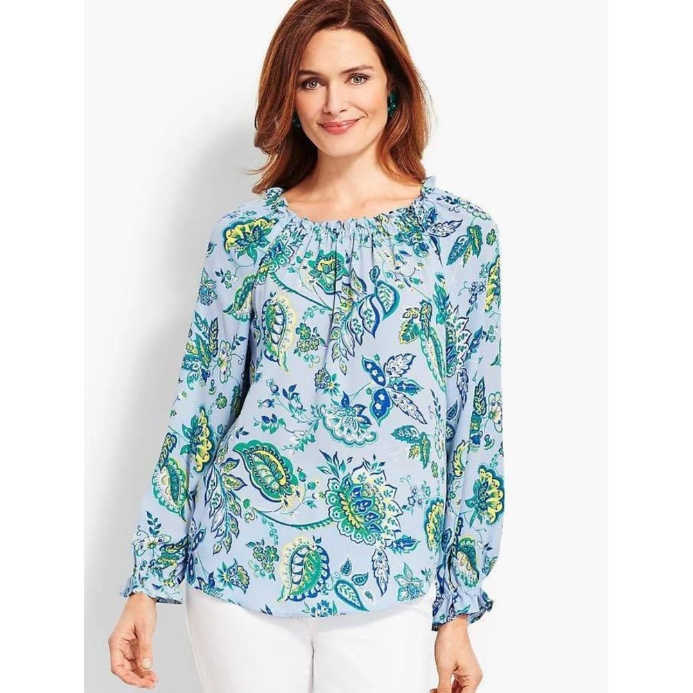 Talbots Blouse Womens 1X Blue Paisley Floral Off Shoulder Ruffle Sleeve Top
